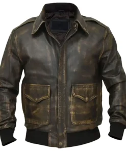 Distressed Aviator Brown Leather Bomber Jacket For Mens