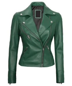 Green Leather Biker Jacket For Womens