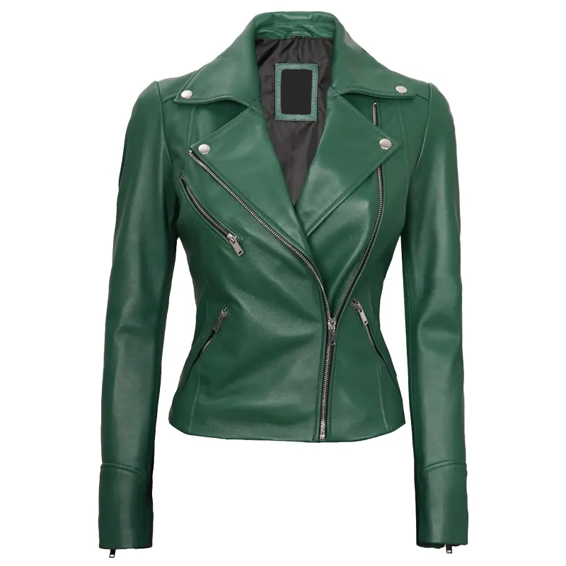 Green Leather Biker Jacket For Womens