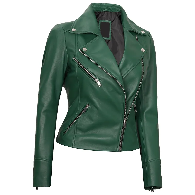 Green Leather Biker Jacket For Womens - Image 3