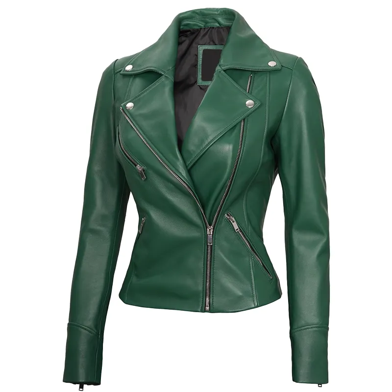 Green Leather Biker Jacket For Womens - Image 4