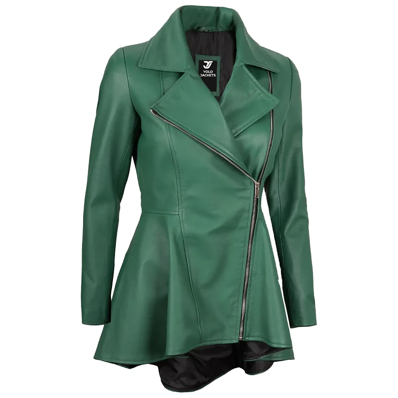 Womens Green Peplum Leather Jacket - Image 3