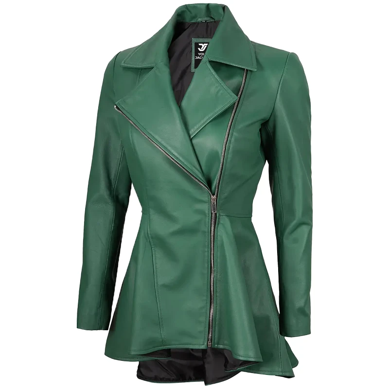 Womens Green Peplum Leather Jacket - Image 4