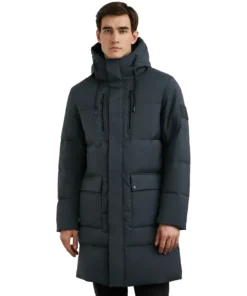 Mens Quilted Grey Long Puffer Coat With Hood