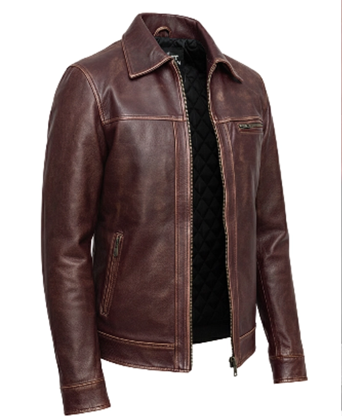 Mens Lambskin Maroon Distressed Leather Jacket - Image 2