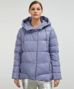Light Blue Puffer Jacket With Hood For Womens