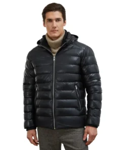 Black Lightweight Puffer Jacket With Hood For Mens