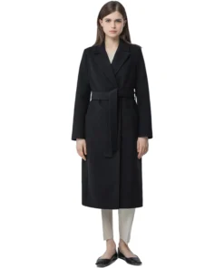Long Black Belted Wool Coat For Ladies