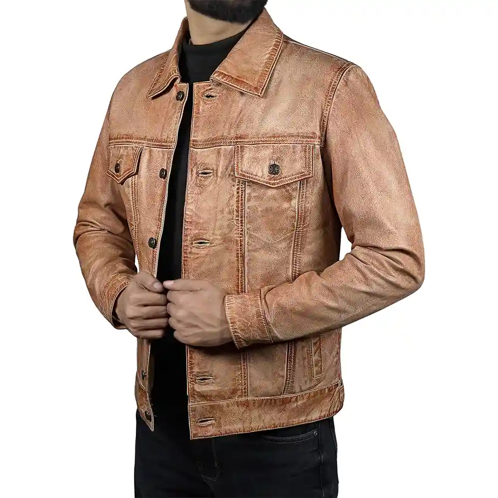 Mens-Beige-Lambskin-Leather-Trucker-Jacket-Front.webp