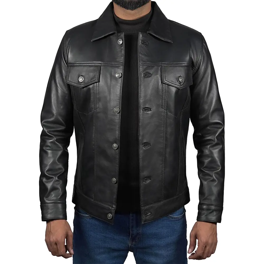 Mens-Black-Lambskin-Leather-Trucker-Jacket-Front.webp