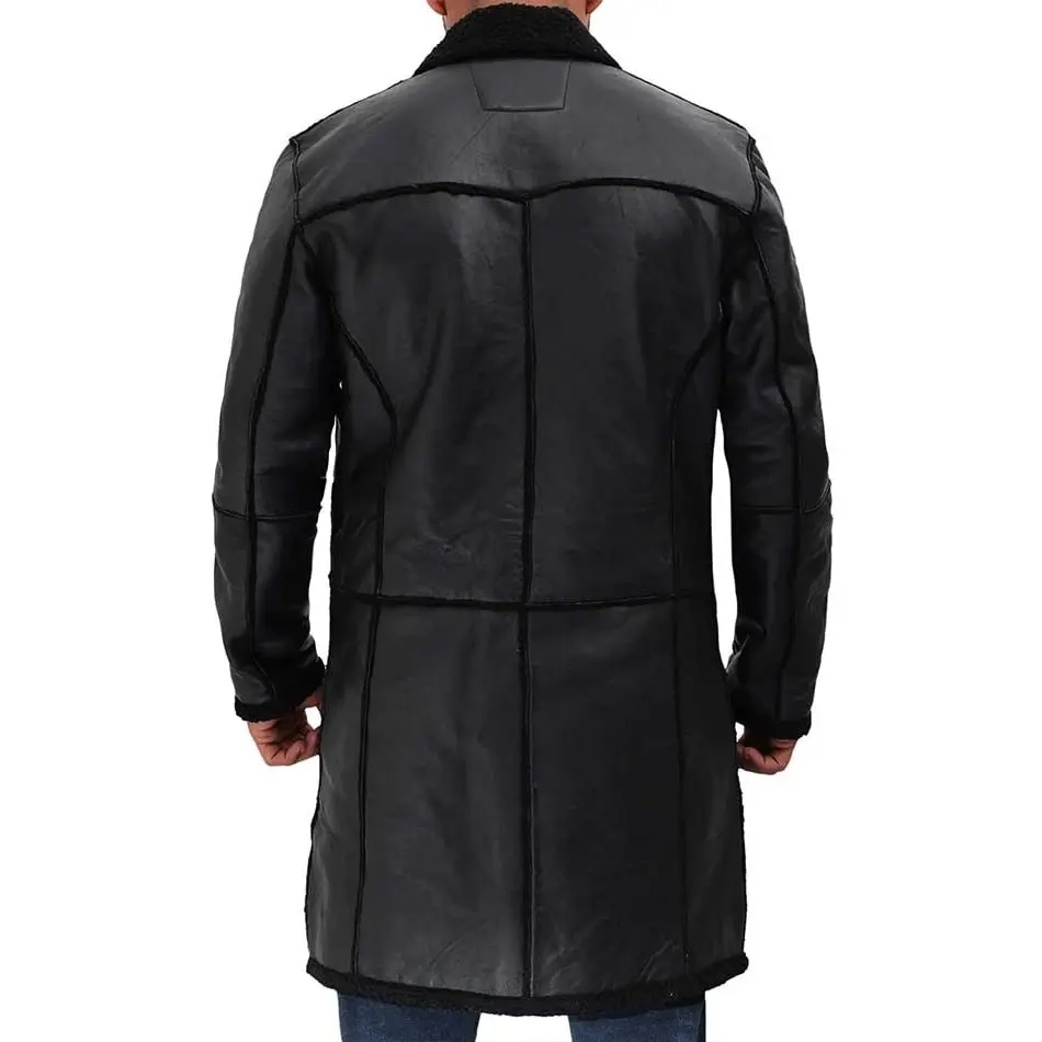 Mens Black Leather Coat With Fur Collar - Image 2