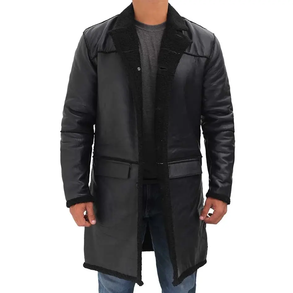 Mens Black Leather Coat With Fur Collar - Image 3
