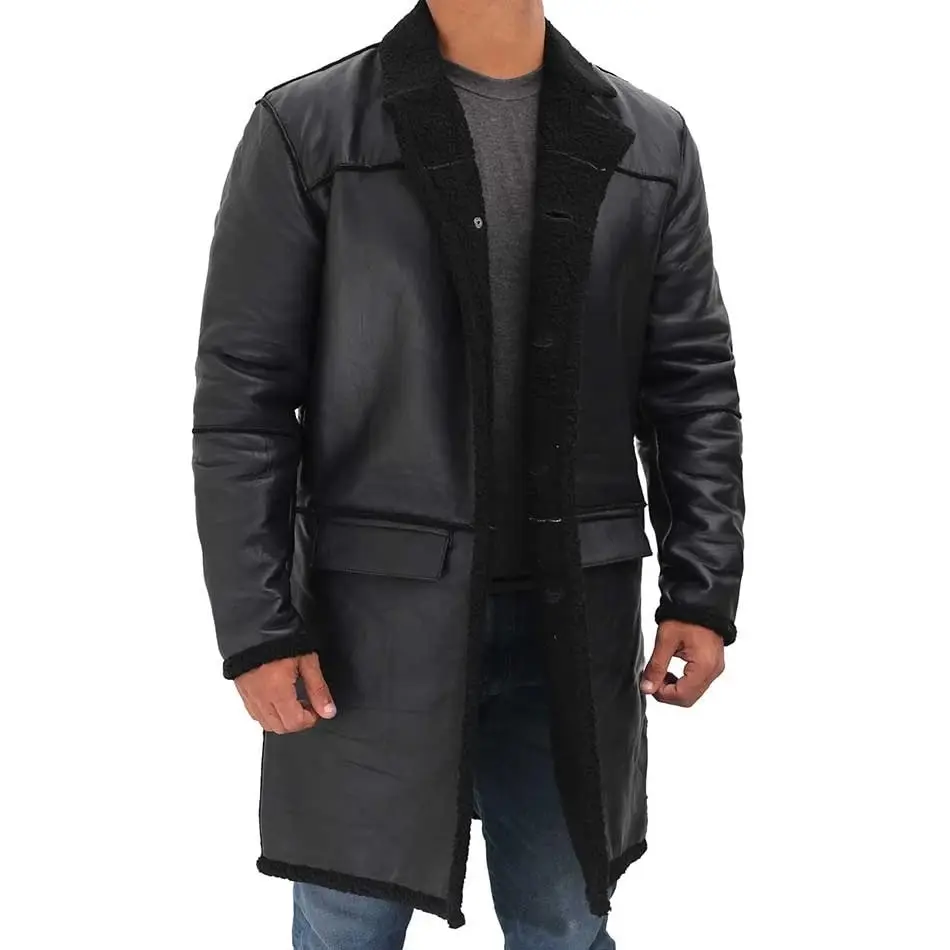 Mens Black Leather Coat With Fur Collar - Image 4