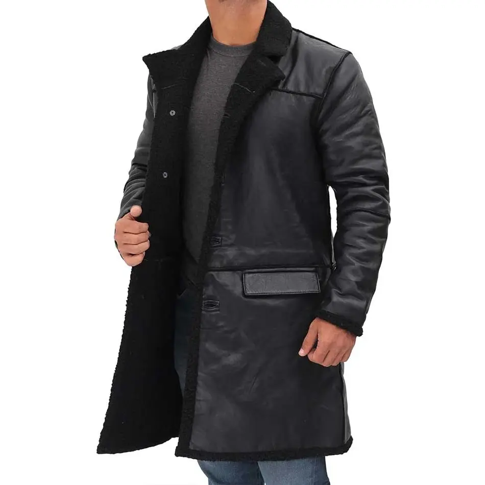 Mens Black Leather Coat With Fur Collar - Image 5