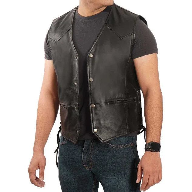 Mens Black Leather Vest - Image 5