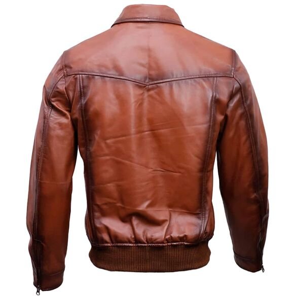 Men's Vintage Brown Leather Bomber Jacket - Image 2