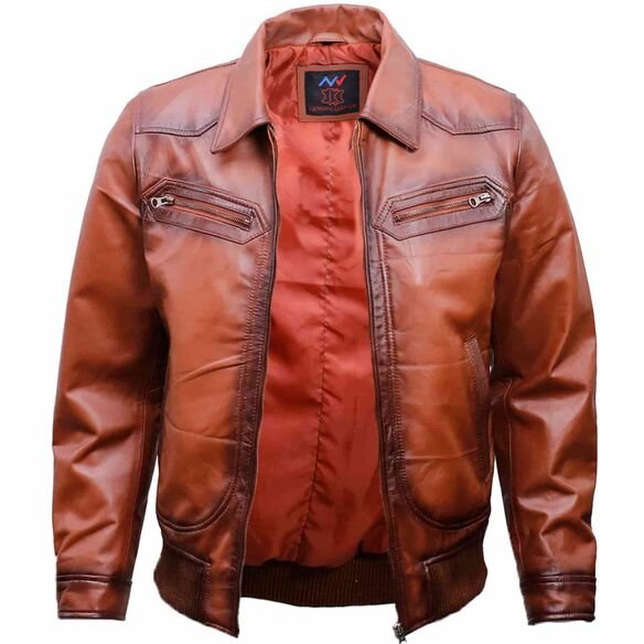 Men's Vintage Brown Leather Bomber Jacket - Image 4