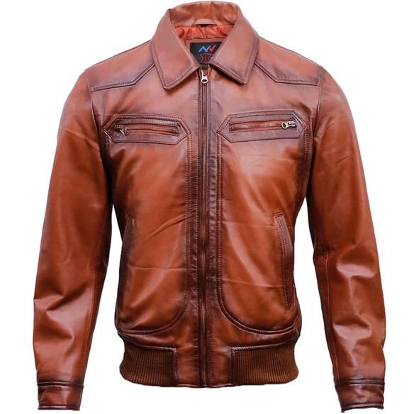 Men's Vintage Brown Leather Bomber Jacket