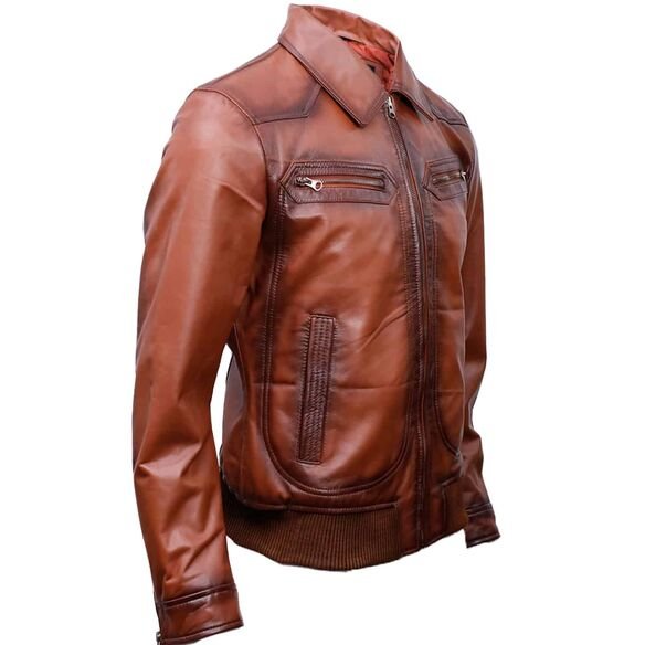 Men's Vintage Brown Leather Bomber Jacket - Image 3