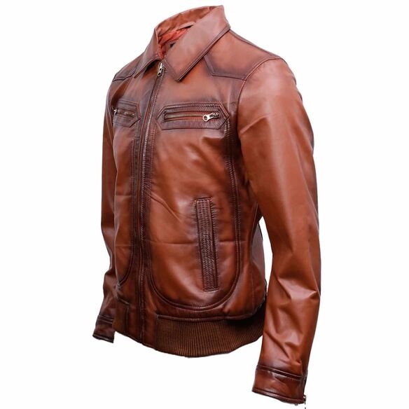 Men's Vintage Brown Leather Bomber Jacket - Image 5