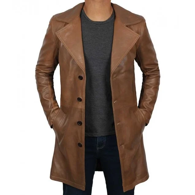 Men's Brown Leather Coat - Image 3