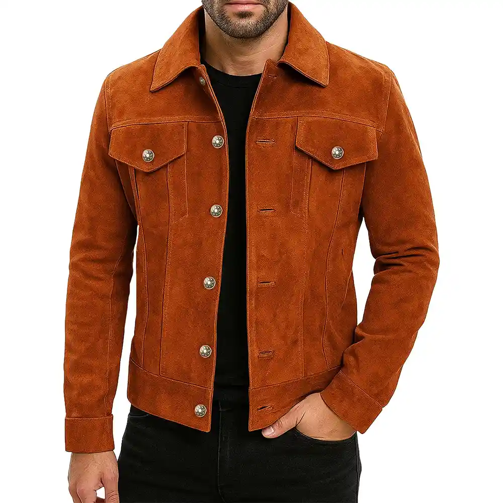 Men's Suede Leather Trucker Jacket - Image 11