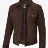 Mens-Dark-Brown-Real-Suede-Trucker-Style-Jacket-side-pose.webp