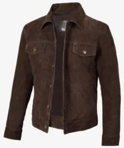 Mens-Dark-Brown-Real-Suede-Trucker-Style-Jacket-side-pose.webp