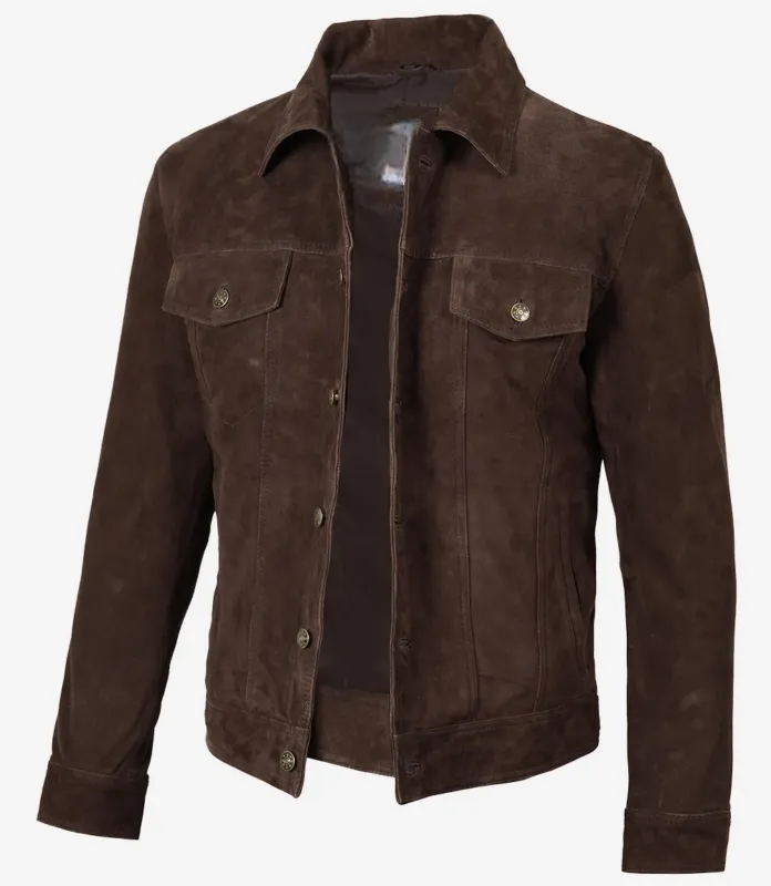 Mens-Dark-Brown-Real-Suede-Trucker-Style-Jacket-side-pose.webp