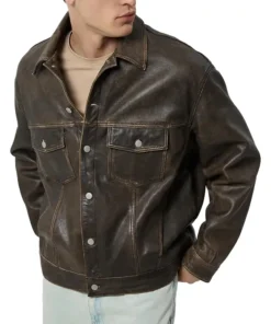 Mens-Distressed-Brown-Leather-Trucker-Jacket-Front.webp