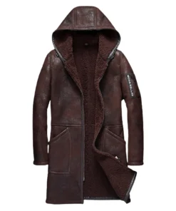Mens Brown Hooded Sheepskin Shearling Leather Coat