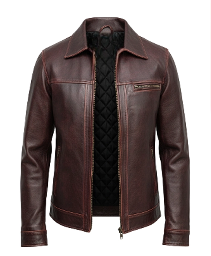 Mens Lambskin Maroon Distressed Leather Jacket