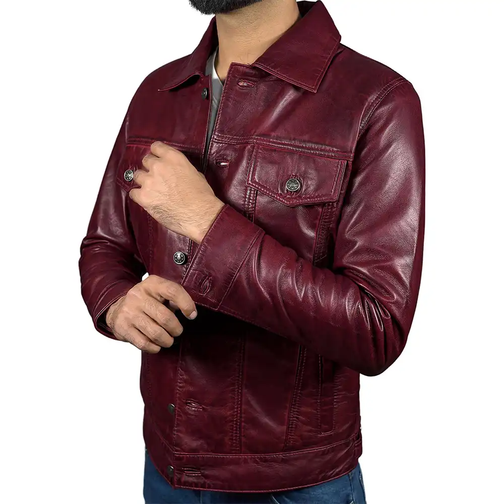 Mens-Maroon-Lambskin-Leather-Trucker-Jacket-Side.webp