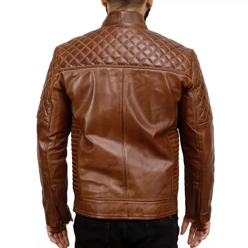 Mens Quilted Leather Motorcycle Jacket - Image 2