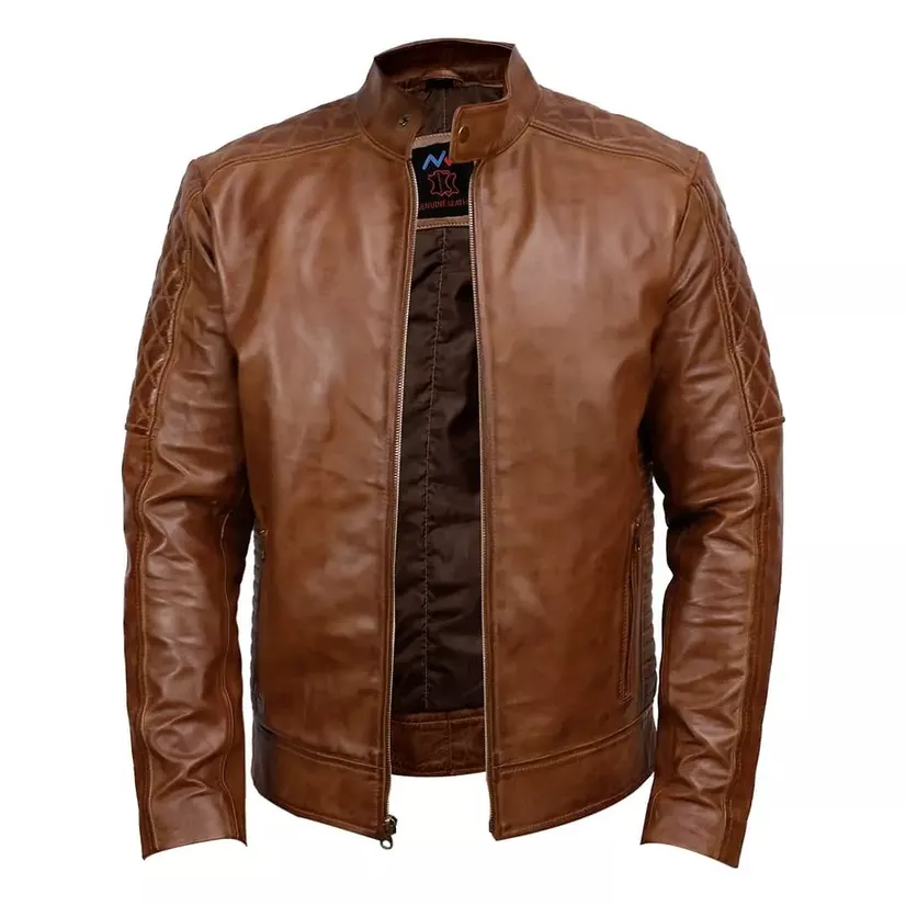 Mens Quilted Leather Motorcycle Jacket - Image 3