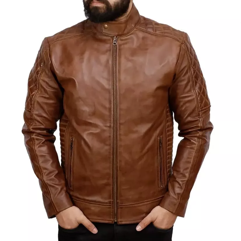 Mens Quilted Leather Motorcycle Jacket