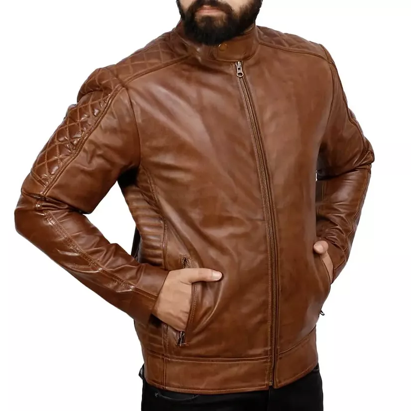 Mens Quilted Leather Motorcycle Jacket - Image 5