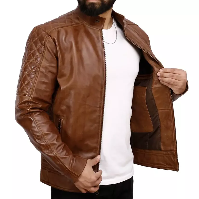 Mens Quilted Leather Motorcycle Jacket - Image 4