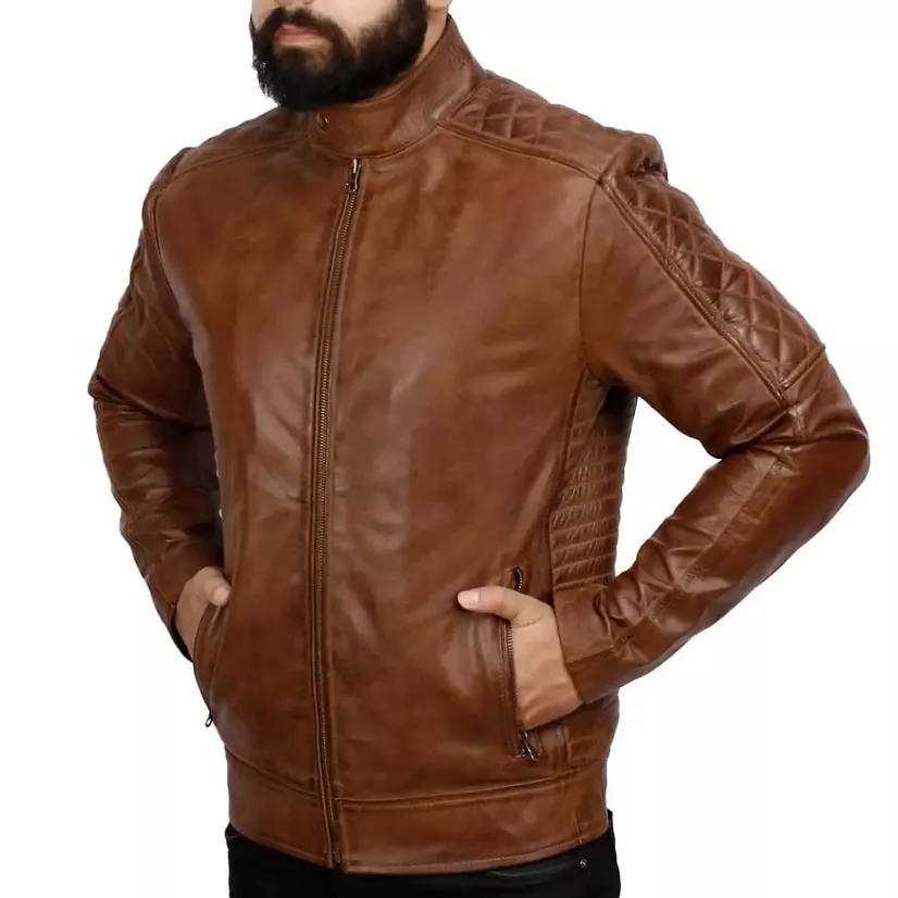 Mens Quilted Leather Motorcycle Jacket - Image 7