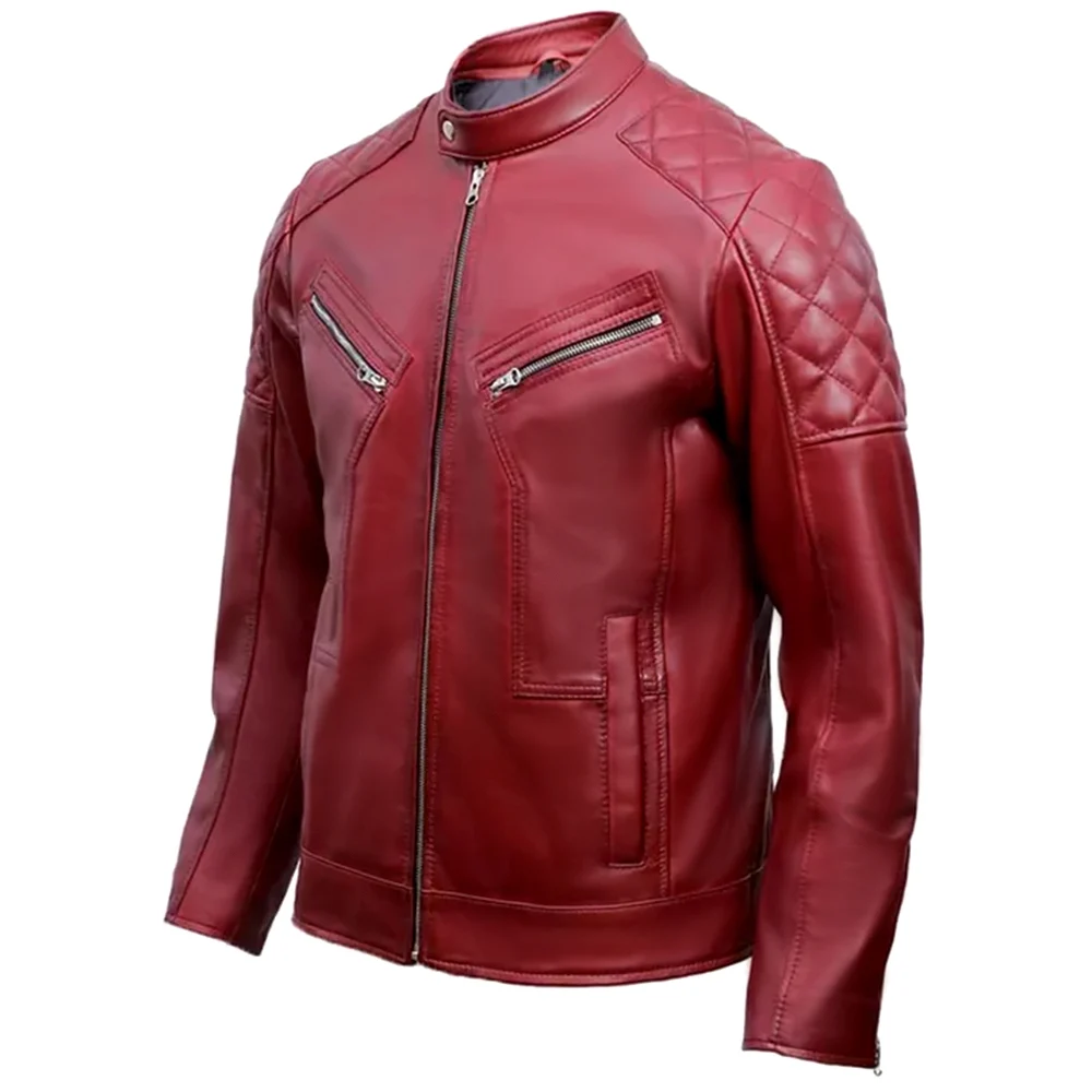 Red Quilted Leather Jacket Mens - Image 4