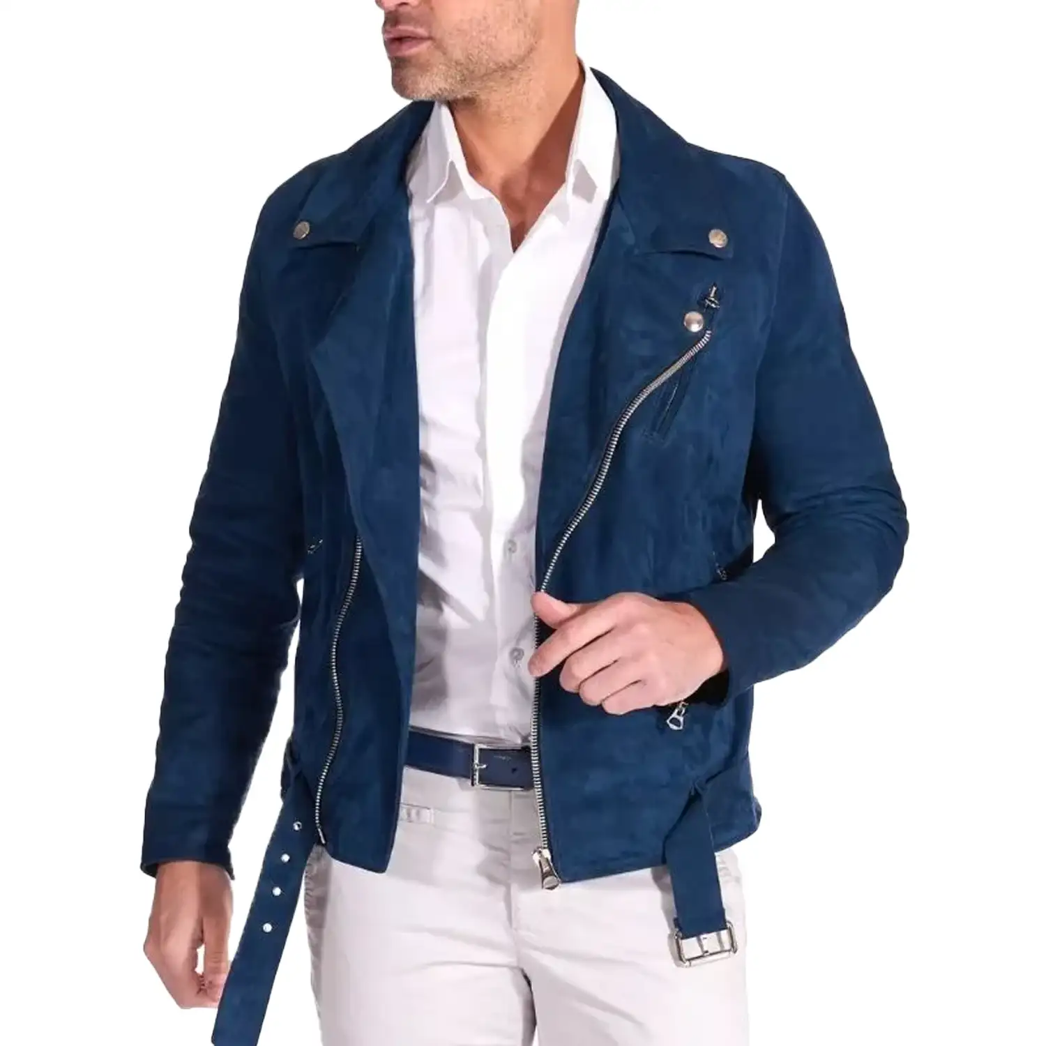 Navy Blue Suede Jacket For Mens - Image 3
