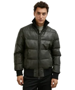 Men's Quilted Olive Green Puffer Leather Jacket