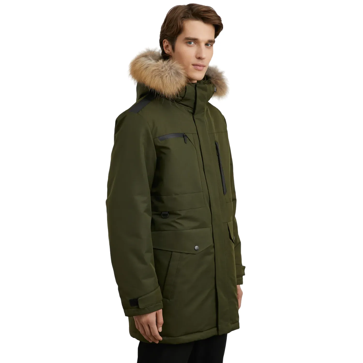 Men's Olive Green Coat With Fur Hood - Image 3