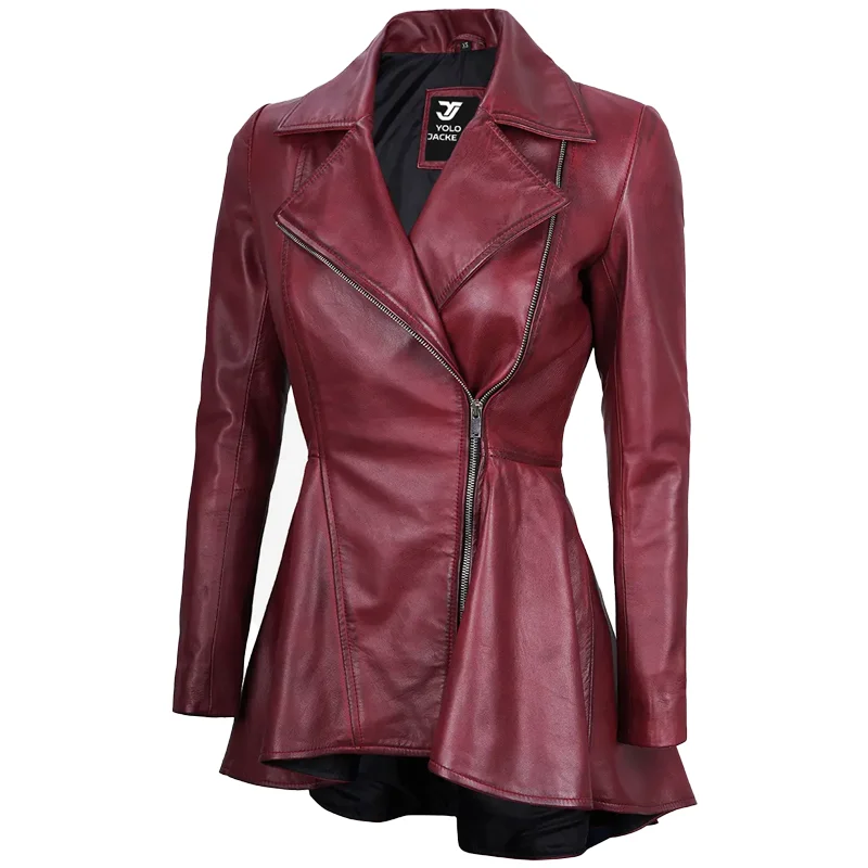 Womens Purple Peplum Leather Jacket - Image 4