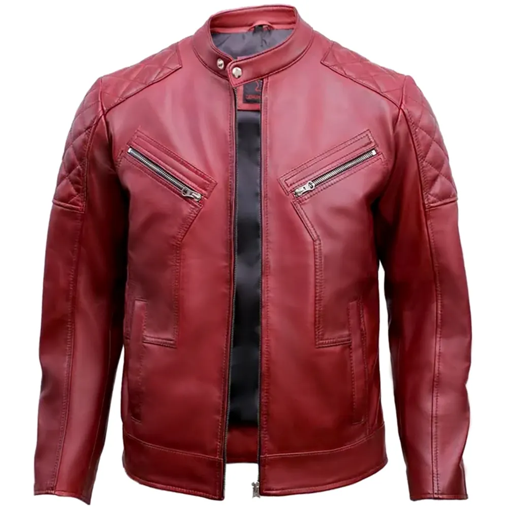 Red Quilted Leather Jacket Mens - Image 2
