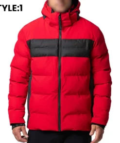 Red And Black Puffer Jacket With Hood For Mens
