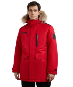 Men's Red Long Coat With Fur Hood