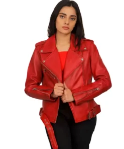 Red Leather Biker Jacket Womens