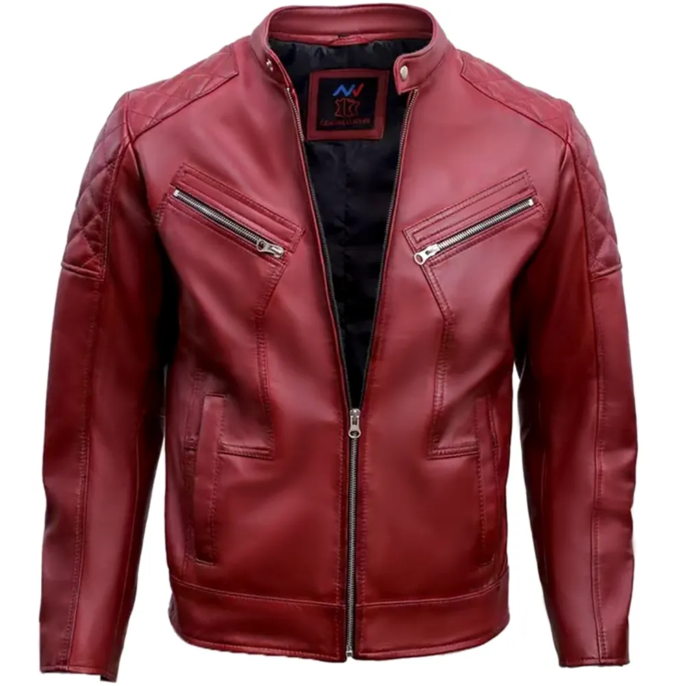 Red Quilted Leather Jacket Mens - Image 3