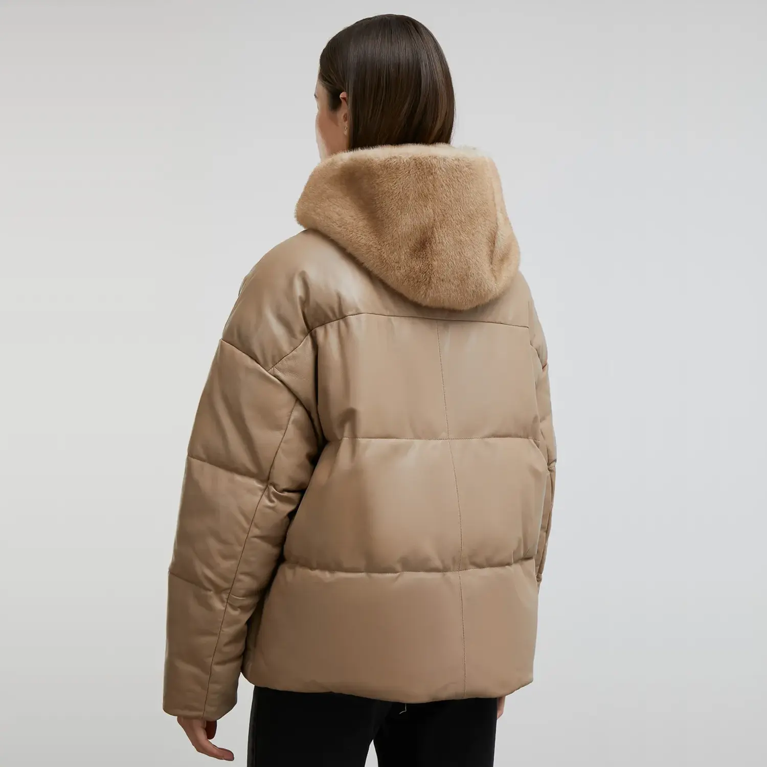 Tan Puffer Jacket With Faux Fur Hood - Image 2